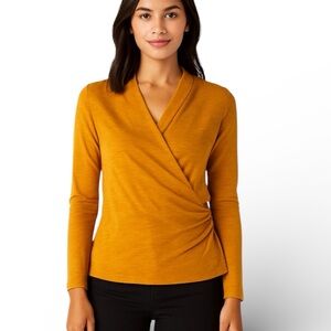 Liverpool Los Angeles Slub Jersey Faux Wrap Top Women’s M Gold Modal Cotton NWT